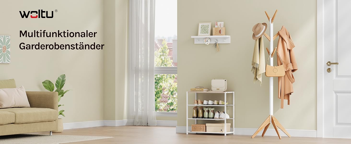 Вільхувана вішалка для одягу WOLTU з 8 гачками, дерев'яна, 180 см, білий+натуральний колір