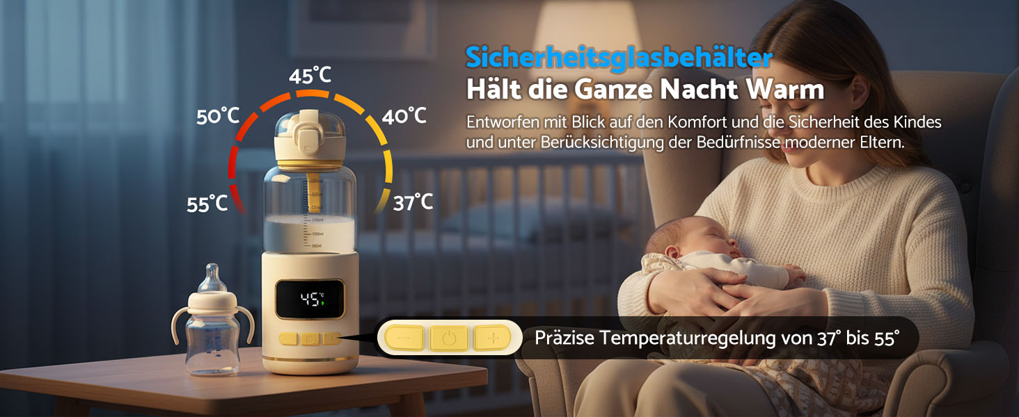 eSynic Підігрівач для пляшечок 450мл з акумулятором 15000mAh, портативний, швидкий нагрів (2-3 хв), для дитячого харчування та води, USB-C, BPA-free, з боросилікатного скла, для подорожей та нічного годування