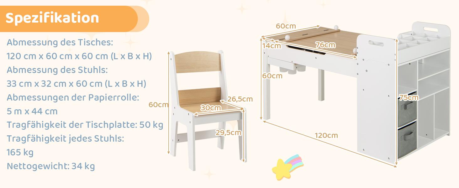 Дитячий стіл COSTWAY 3 в 1 з 2 стільцями: стіл для малювання, мольберт, місце для зберігання. Дерев'яний дитячий стіл-трансформер, 120 x 60 x 60 см (натуральний колір).