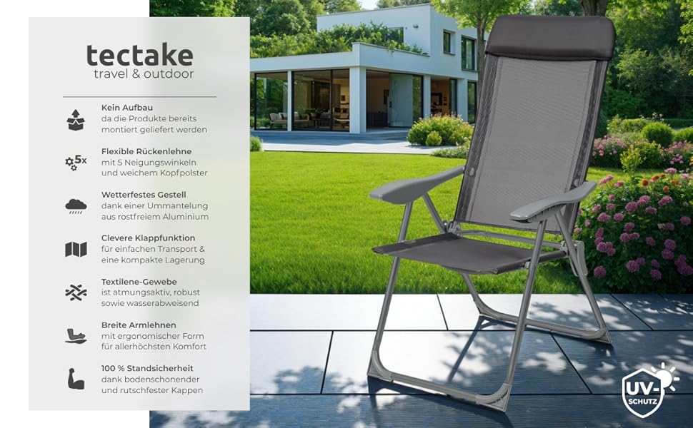 Шезлонги Tectake® 4 шт. - регульовані, з підставкою для ніг, легкі, складані, для саду, балкону, кемпінгу (Антрацит)