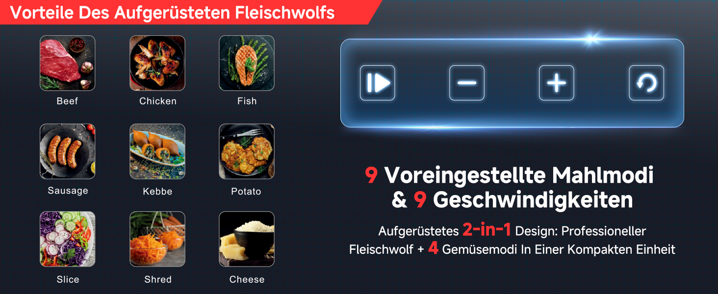 Електрична м'ясоподрібнювач AAOBOSI 3000W з LED-дисплеєм, 9 швидкостей, з нержавіючої сталі, для дому, з насадкою для ковбас та кіббе, інтегрований контейнер, сріблястий