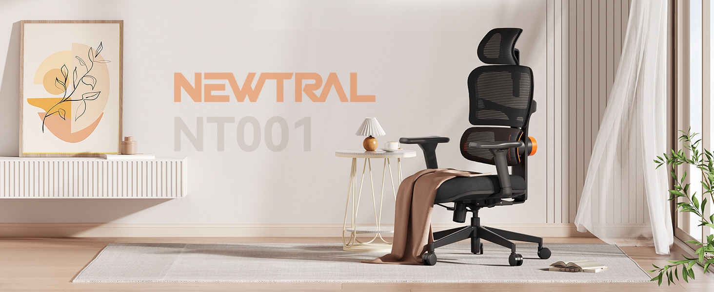 Офісне крісло Newtral NT001: ергономічне, регульована підголівник та підлокітники, 150 кг, чорний