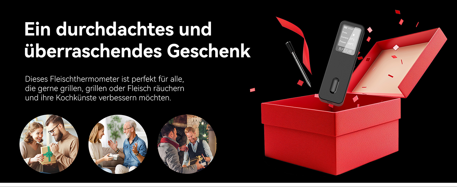 Термометр для м'яса BFOUR BF-30 PRO: бездротовий Bluetooth термометр для гриля з підключенням до додатку, LCD-дисплей, IP67 водонепроникний, для BBQ, духовки, гриля, кухні (чорний)