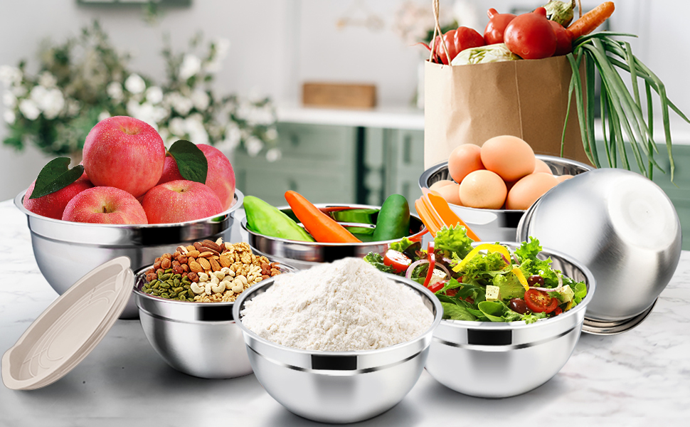 Набір місок Homikit з нержавіючої сталі, 6 штук, з кришкою, для приготування, випікання та сервірування, 6.5/4.5/2/2.5/1.5/1.2 л (Хакі, 7)