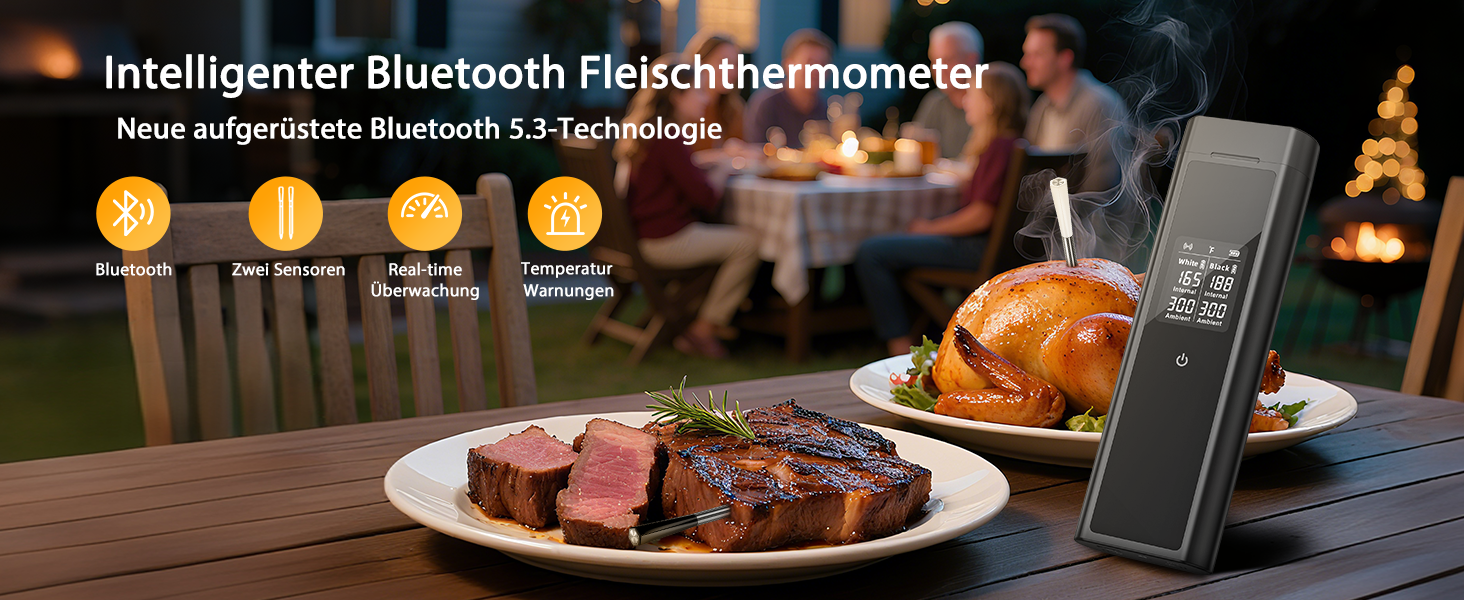 Бездротовий термометр для м'яса BlueSwan Grillthermometer з LCD дисплеєм (2 шт.), водонепроникні зонди IP67, 48 годин роботи від акумулятора, магнітна коробка, Bluetooth 150м, додаток з 9 режимами приготування, термометр для BBQ, духовки, гриля, кухні