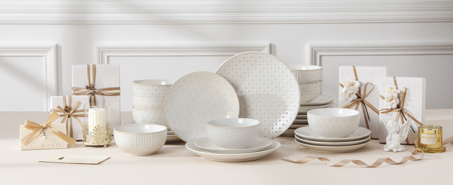 Набір посуду Malacasa LYDIA (24 шт.) для 4 осіб, бежевий: 16-ти частинний сервіз зі столових тарілок та чашок з рельєфом, з каменю