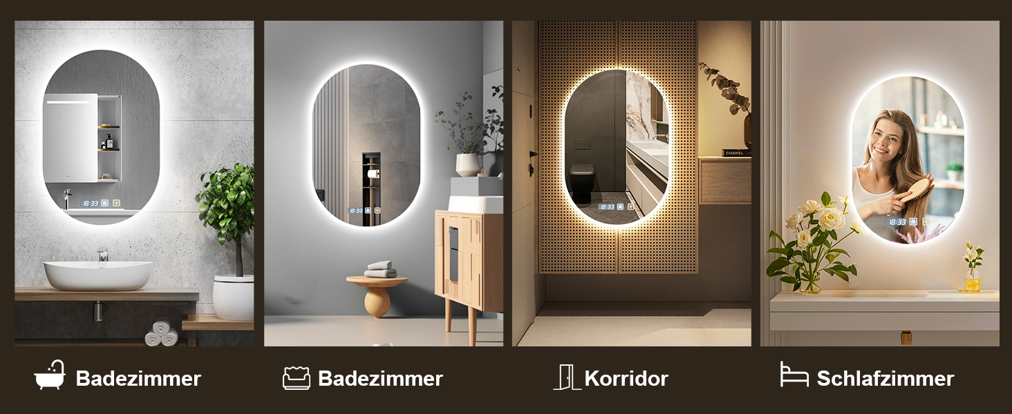 Дзеркало для ванної кімнати з підсвічуванням 50x70 см з підігрівом, годинником, LED, сенсорне управління, пам'ять, 3 кольори світла, регулювання яскравості