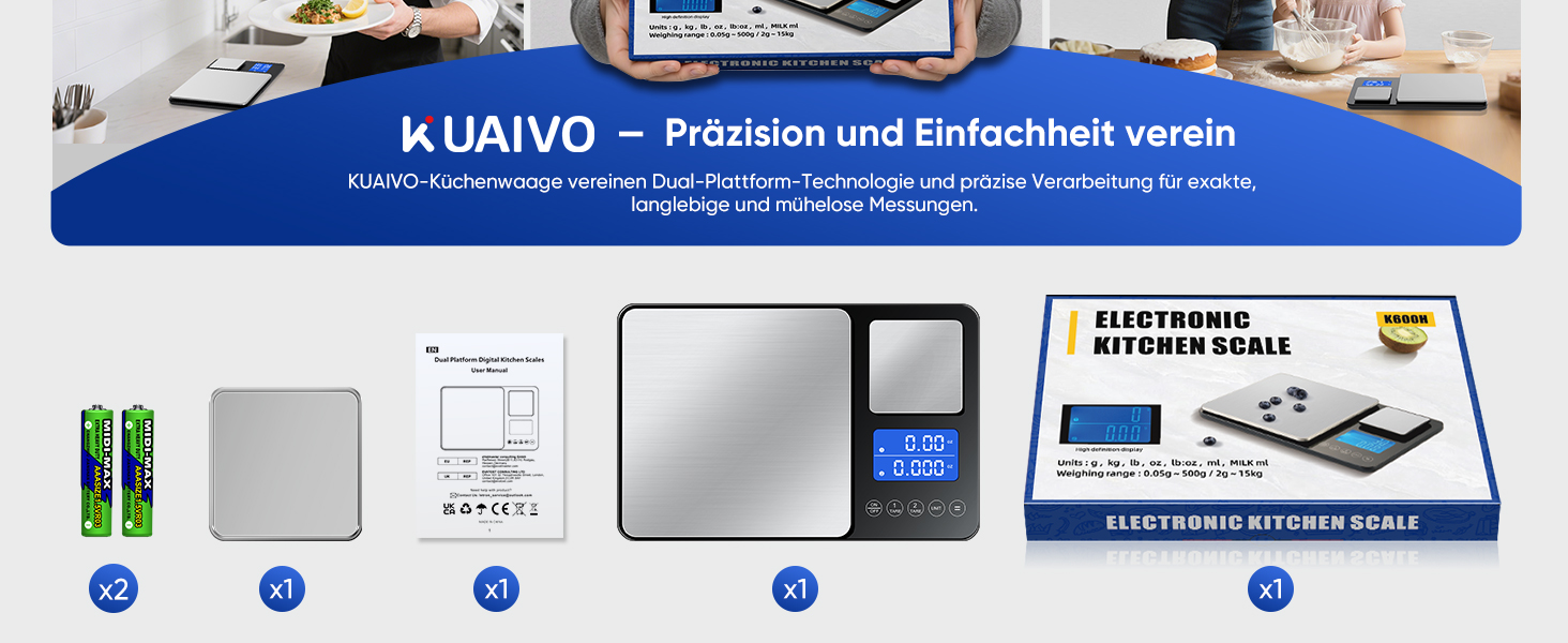 Цифрова кухонна вага 15 кг / 0,01 г, високоточна вага з двома дисплеями, функцією підсумовування та тарування, 7 одиниць вимірювання, для приготування їжі та випічки, з батарейками K600H