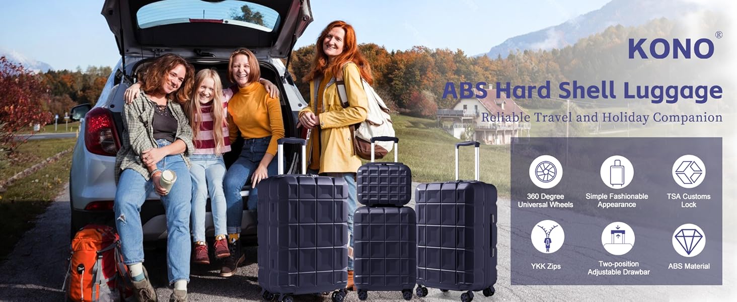 KONO Набір валіз 4 в 1: велика, середня, маленька та beauty case. Сучасний дизайн, ABS пластик, TSA замок, 4 колеса, темно-синій колір.