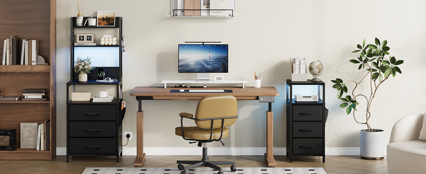 Нічний столик з підзарядкою та LED, приліжний столик з 3 висувними ящиками з тканини, нічник з полицею для книг, відкрите відділення, 2 розетки AC, 1 USB та 1 Type C роз'єми, для спальні, вітальні, офісу (Чорний) 40x30x60 см Чорний 1