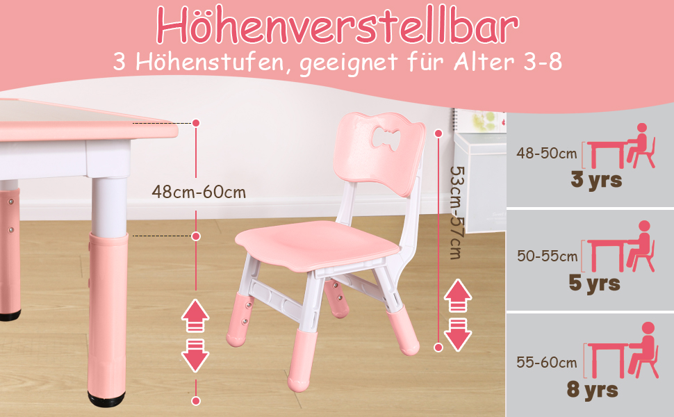 Дитячий стіл та стільці FUNLIO, регульовані по висоті, для дітей 3-8 років, рожеві, 3 шт. - 59.7 см x 59.7 см
