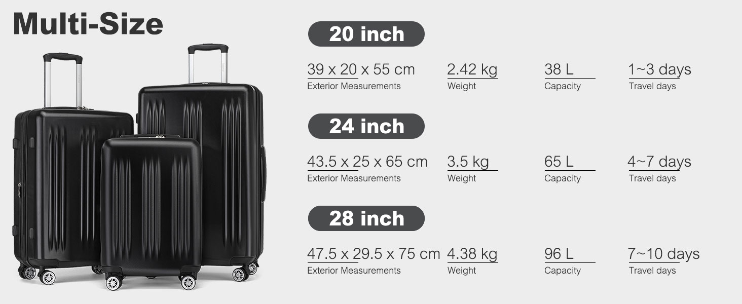 Чемодан KONO Handgepäck Trolley, 55x39x20 см, 37 л, з розширенням, TSA-замок, 4 колеса, чорний