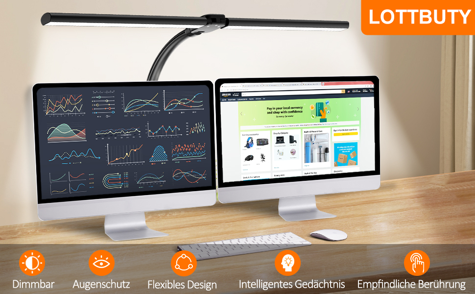 LED настільна лампа LOTTBUTY з гнушим шийкою, 24W, 80см, для офісу та дому, регулювання яскравості, денне світло, чорний колір