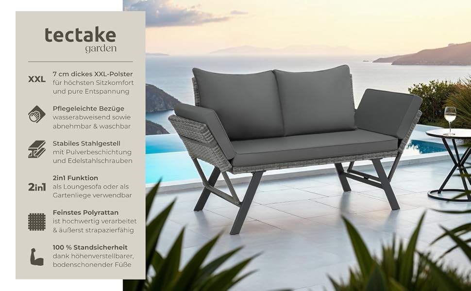 Садовий диван-шезлонг Tectake з ротангу, сірий - вуличні меблі для відпочинку з функцією сну та відкидними підлокітниками