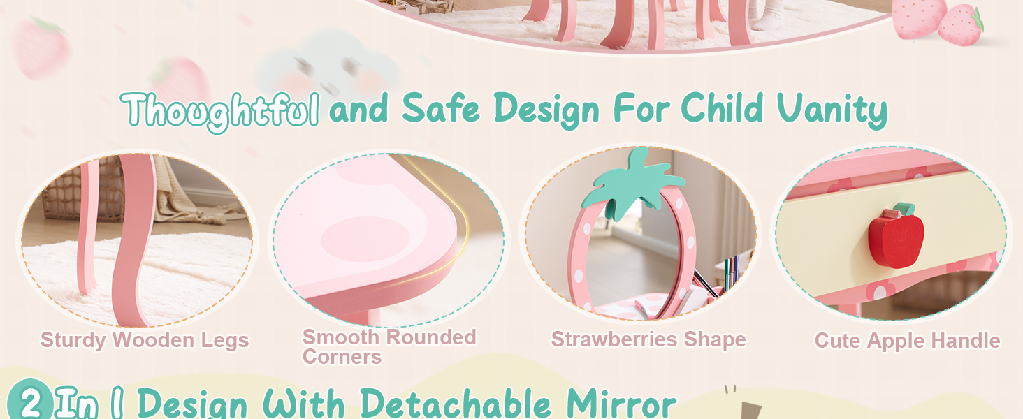 Детский туалетный столик LEADZM с пуфом для девочек, с двумя зеркалами 180°, с ящиком, белый и розовый, для детей 3-9 лет