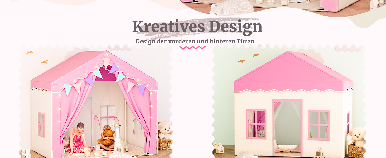 Дитяче намет-ігровий будиночок EROMMY 2-в-1 з килимком, прапорцями та світлодіодними смугами, з двома дверцятами, з даховим віконцем, для дому, 3+ роки (Рожевий)