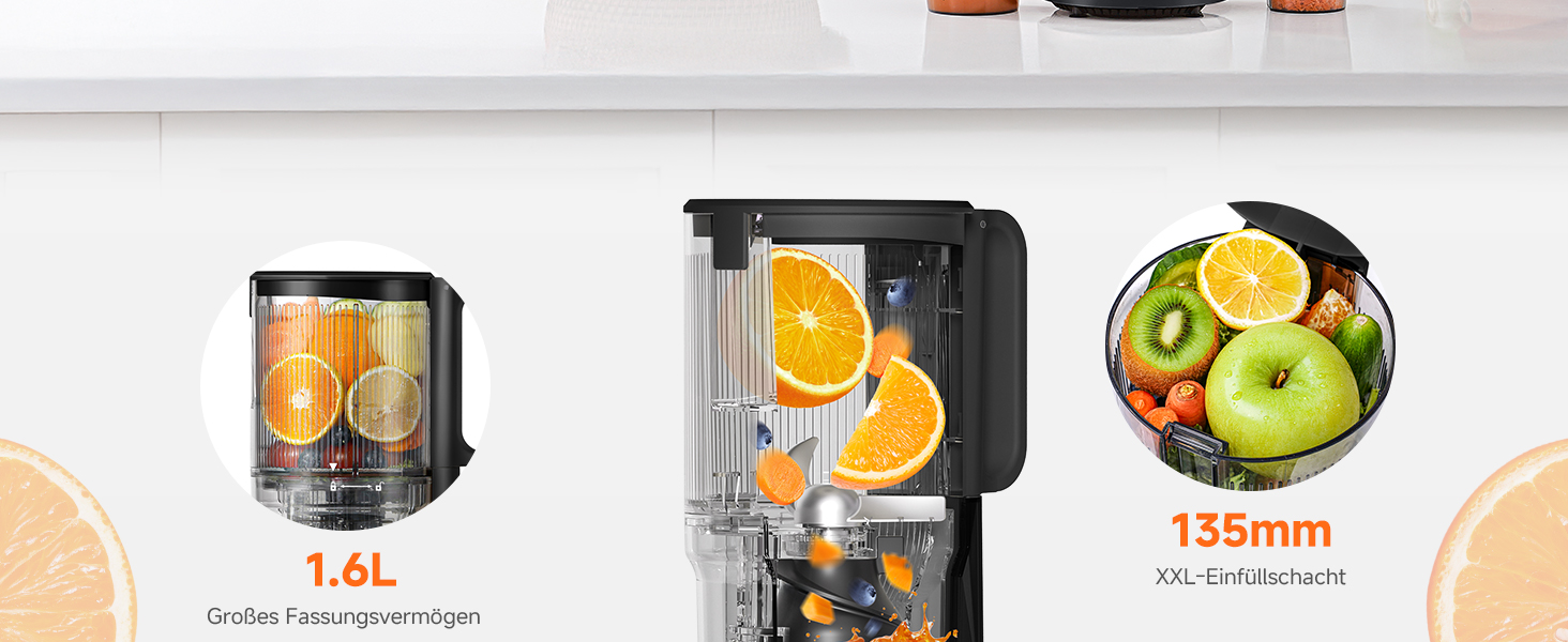 AOBOSI Повільнодіючий соковитискач з великою завантажувальною воронкою 135 мм, 200 Вт, холодний віджим, зворотний хід, потрійний фільтр, BPA-free, тихий, для свіжих соків з фруктів та овочів, чорний