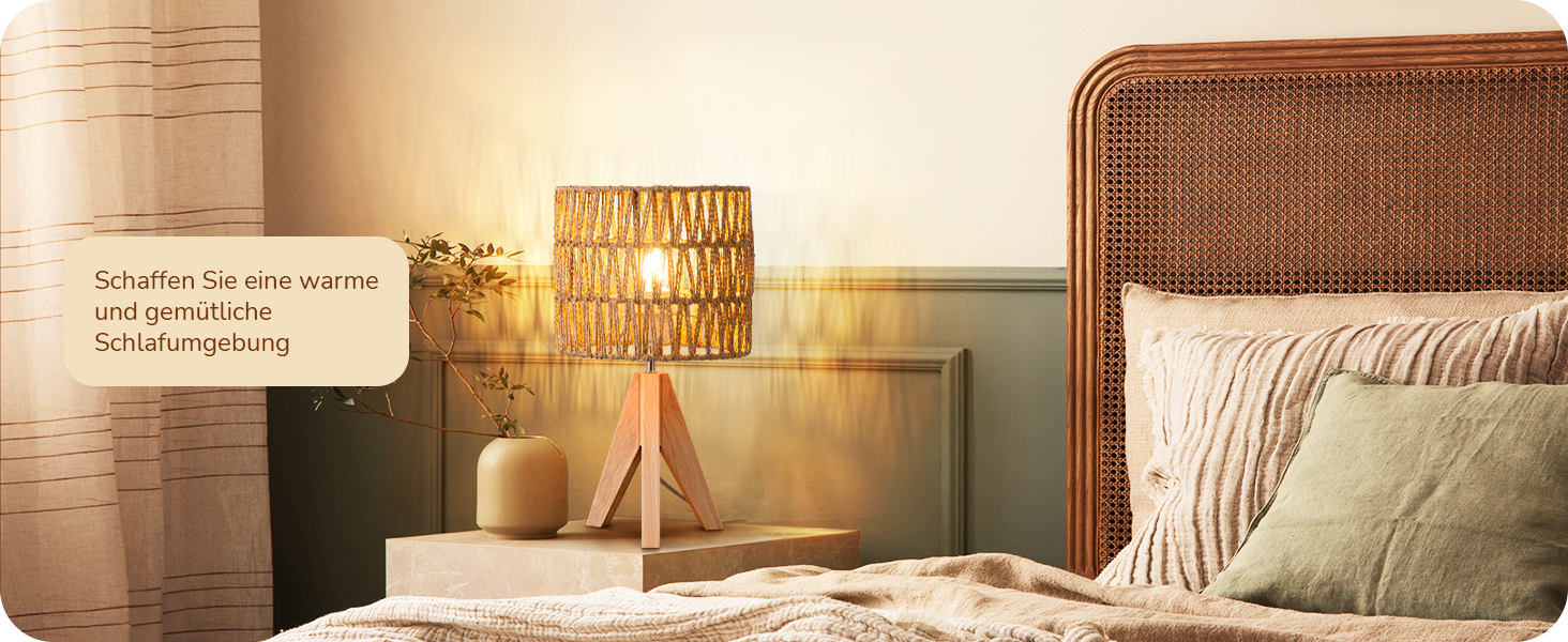 LED настільна лампа EDISHINE з абажуром з ручної роботи, дерев'яною ніжкою, тепле світло 2700K, бохо-стиль, для спальні, вітальні, готелю, з лампочкою E27 4W