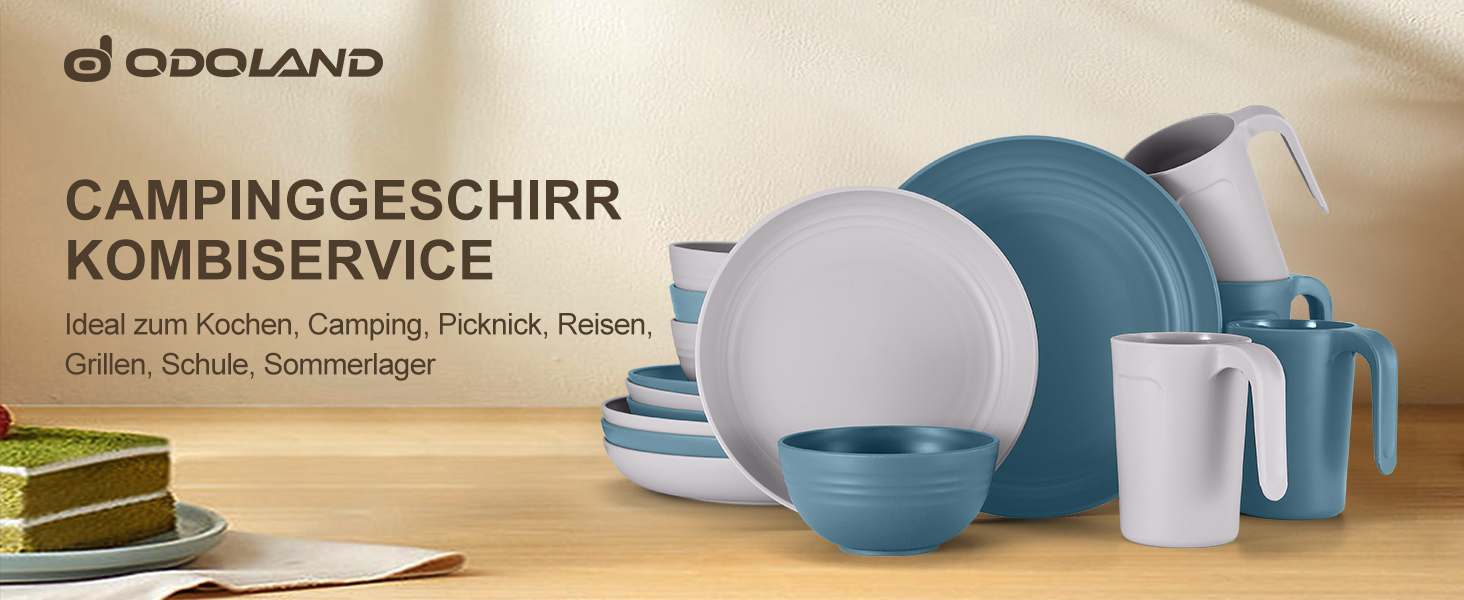 Набір посуду Odoland на 4 особи, 17 предметів: тарілки, миски, чашки (блакитний)