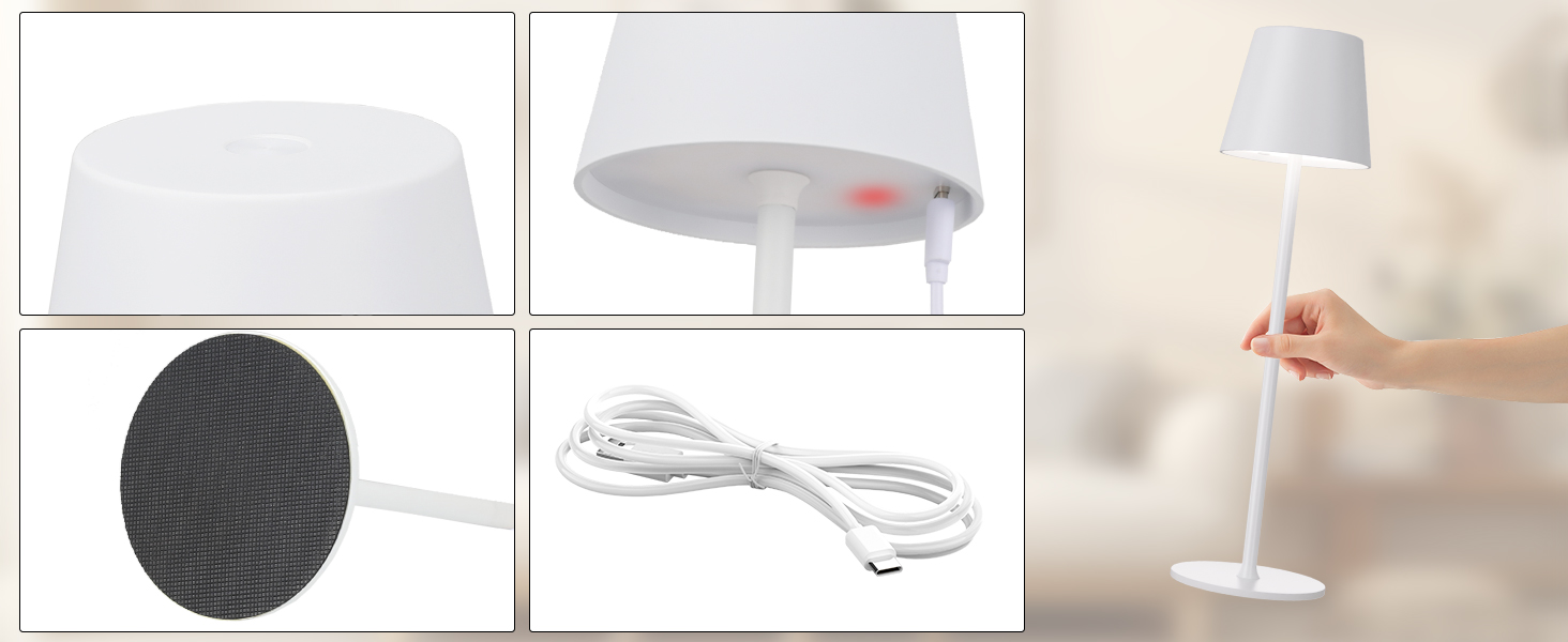 LED настільна лампа бездротова з акумулятором, 3 режими кольору, регулювання яскравості, сенсорне управління, USB-C зарядка, для дому, кемпінгу