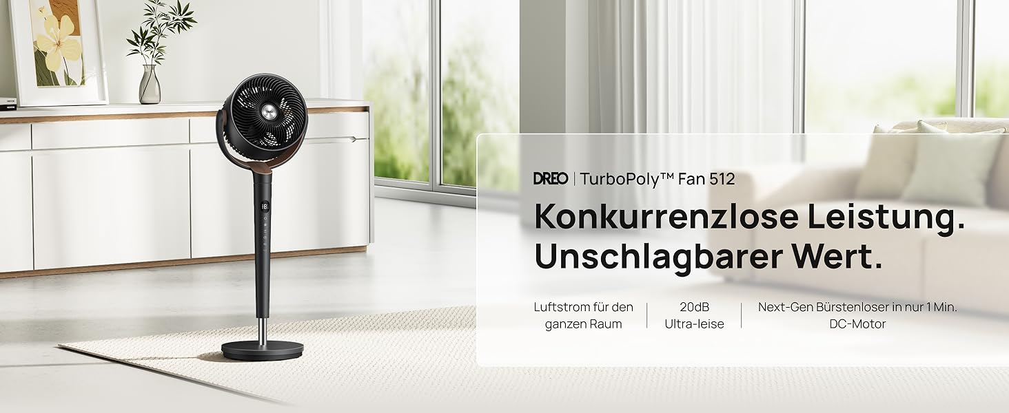 Вентилятор підлоговий DREO TurboPoly 512 з пультом, надтихий (20 дБ), регульована висота 94-107 см, 4 режими, DC мотор, чорний