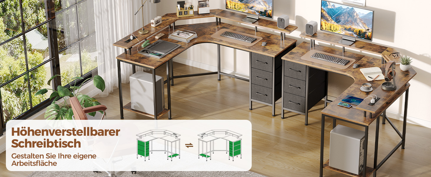 Ігровий кутовий стіл Seventable L-подібної форми з LED підсвіткою та розетками, 3 висувні ящики, стіл для дому та геймінгу, 135x135x88 см (Вінтажний коричневий)