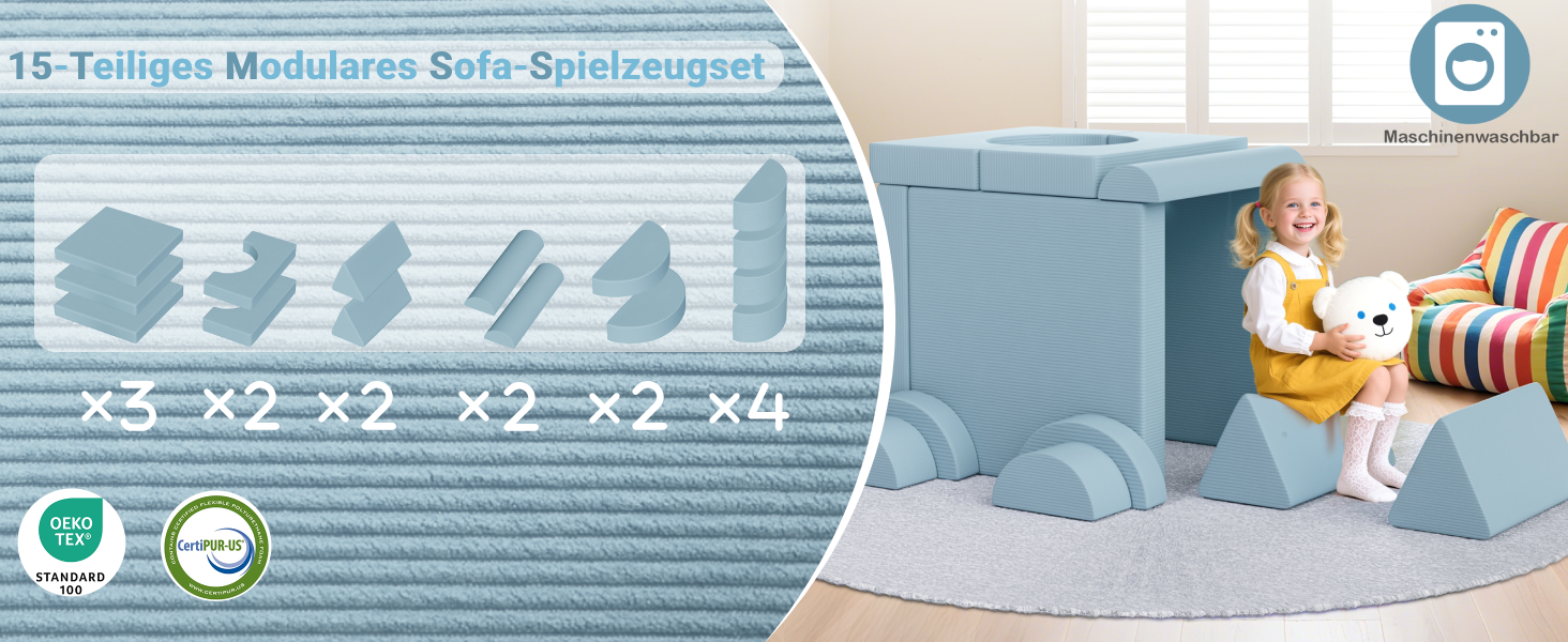 Дитяче ігрове диван-крісло, 15-ти частинний модульний диванчик для дітей, з сертифікатом Oeko-Tex 100, з м'якого велюру (блакитний)