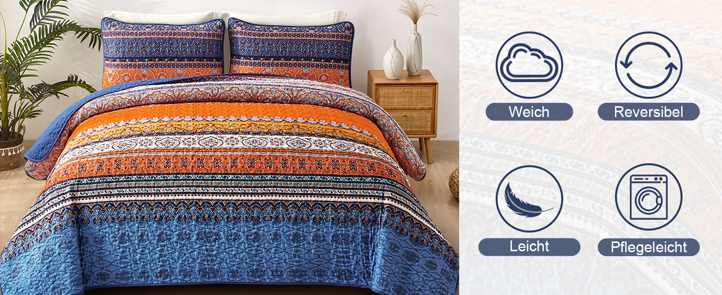 Постільна покривало WONGS BEDDING в стилі Бохо 220x240 см, 3-предметний комплект з 2 наволочками 50x70 см, стібана ковдра з мікрофібри для двоспального ліжка та дивана