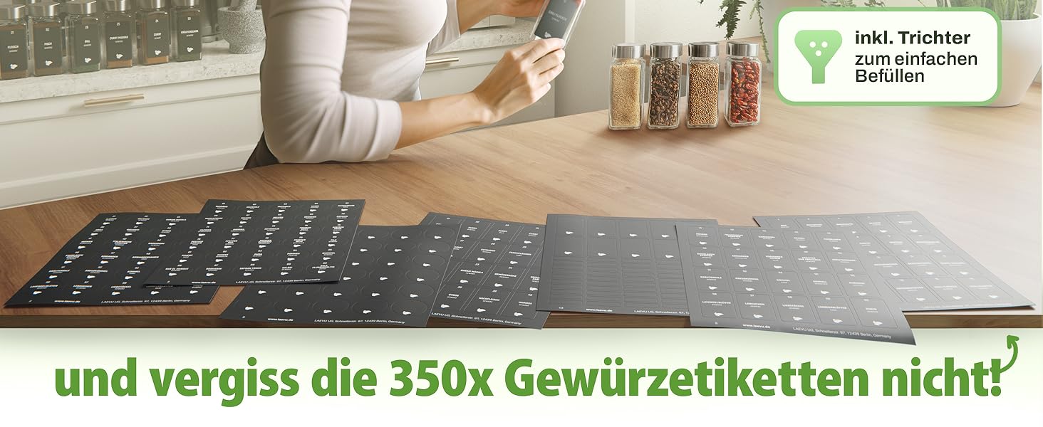 Набір скляних баночок для спецій, 24 шт. по 120 мл, нержавіюча сталь, з етикетками та воронками