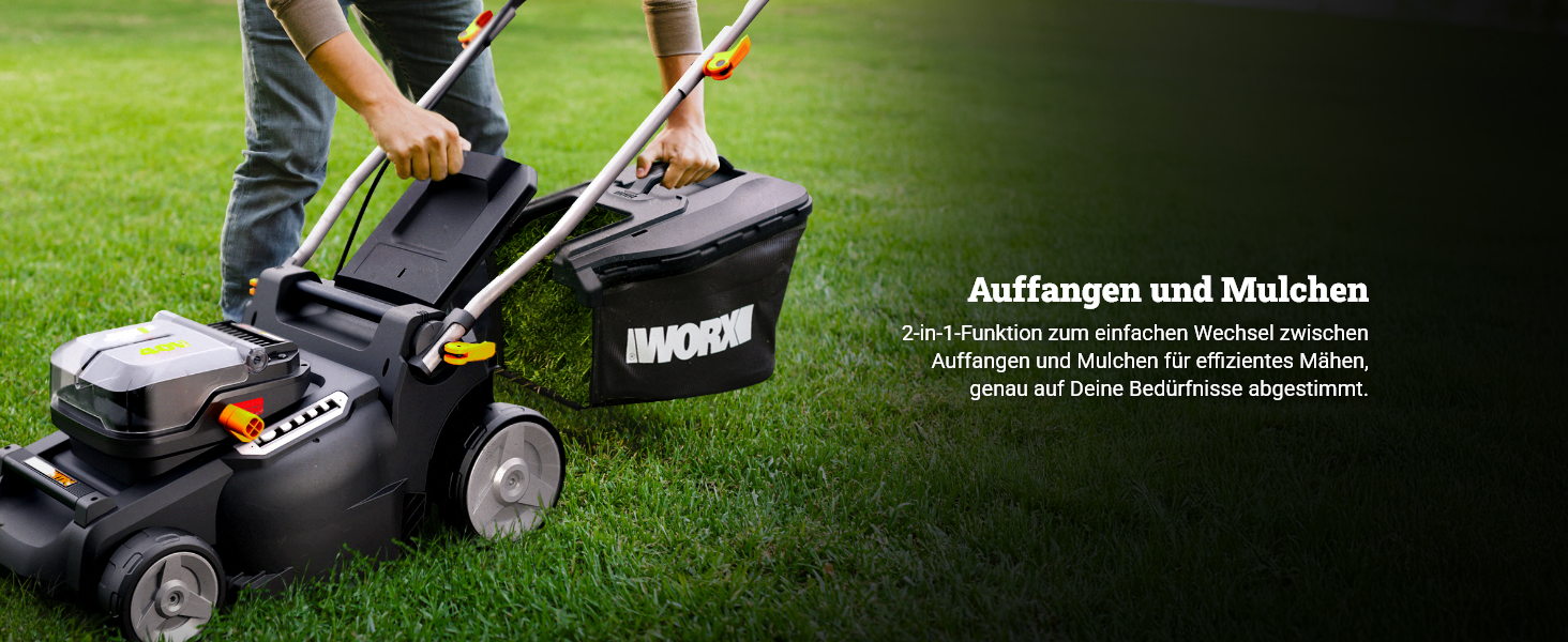 WORX WG737E акумуляторний газонокосарка Nitro 40V (2x20V) - безщітковий двигун, ширина зрізу 37 см, 6 рівнів висоти зрізу (20-70 мм), 40л травозбірник, 2x4Ah акумулятори та подвійний зарядний пристрій, без приводного колеса