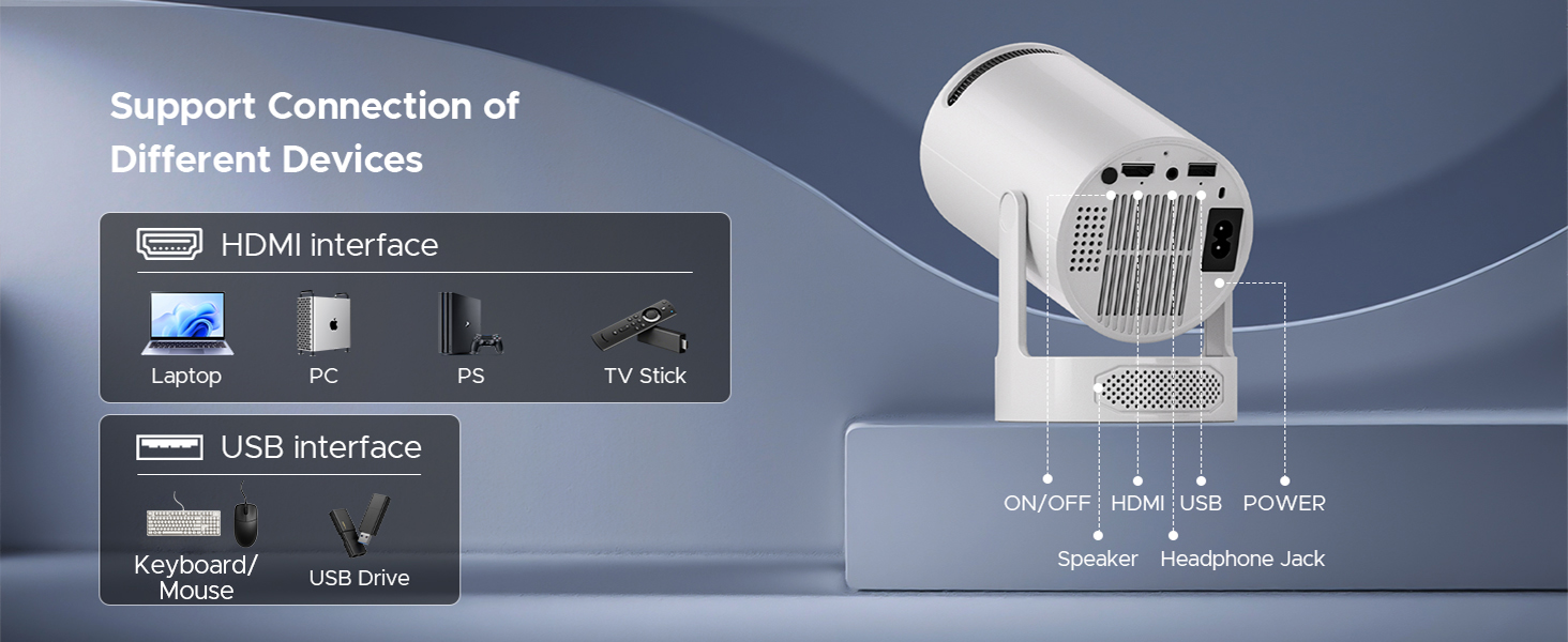 Портативний проєктор Mini Beamer з динаміком, підтримка 1080P/4K, Auto Keystone, WiFi 6, Bluetooth 5.0, 220° обертання, для домашнього кінотеатру та використання на вулиці