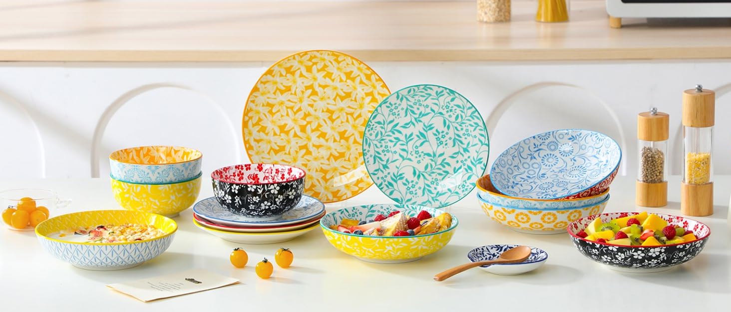 Набір посуду Vancasso Selene для 6 осіб, 24 елементи: тарілки, супові тарілки, миски, десертні тарілки. Пастельне порцелянове покриття, підходить для мікрохвильової печі.