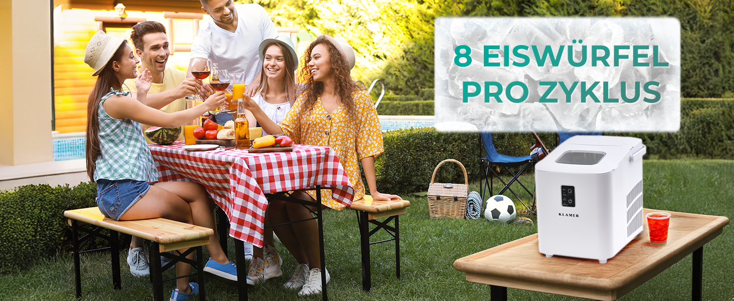 Льодогенератор KLAMER 24 кг/добу, 3 розміри кубиків льоду, 2.2л резервуар, 130W, білий