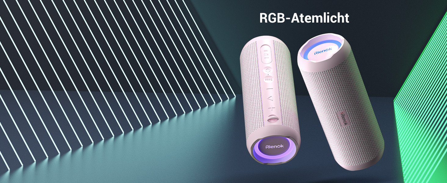 RIENOK Портативна Bluetooth Колонка з Підсвічуванням, Рожева, IPX7 Водонепроникна, 3600 mAh, Bluetooth 5.3, Бас, Стерео Звук