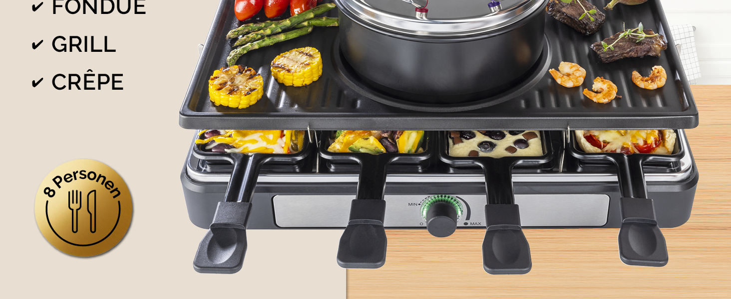 GOURMETmaxx Ракуле-Фондю 2-в-1 на 8 осіб | Ракуле-Фондю комбінація з 8 сковородами, лопатками та виделочками | Ідеально для вечірок | Ракуле та Фондю для 8 осіб