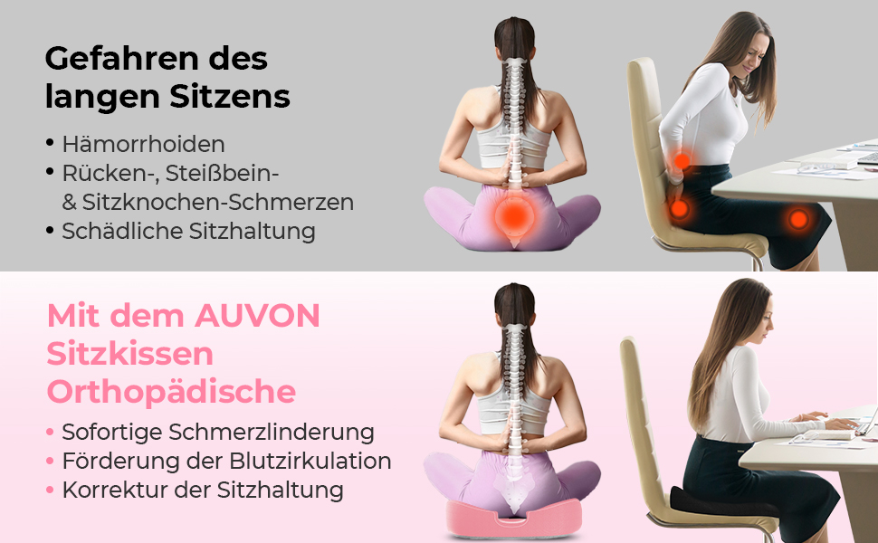 Ортопедична подушка для сидіння AUVON: комфорт при геморої, для офісу, авто, інвалідного візка. Зняття болю при ішіасі та вагітності (рожева)