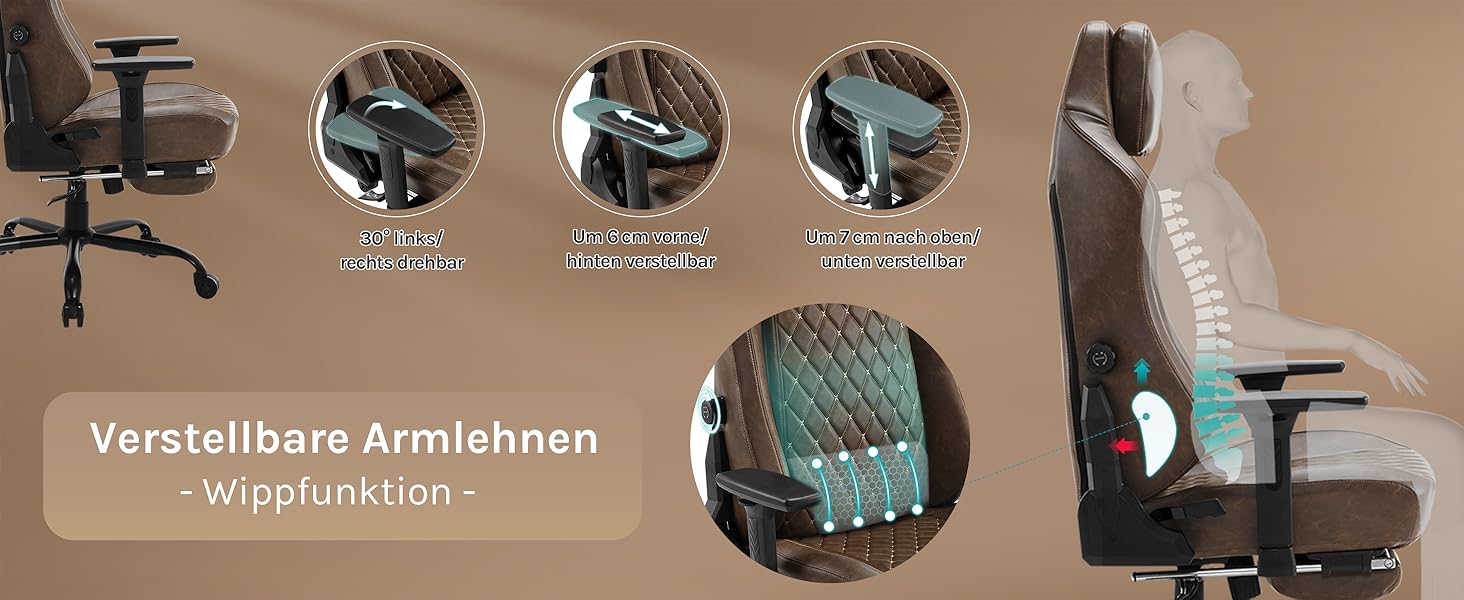 Крісло ігрове WOLTU, офісне ергономічне, з інтегрованим губчастим наповнювачем, підтримкою попереку, підставкою для ніг та підлокітниками, вінтажне, з штучної шкіри та металевим каркасом, коричневе