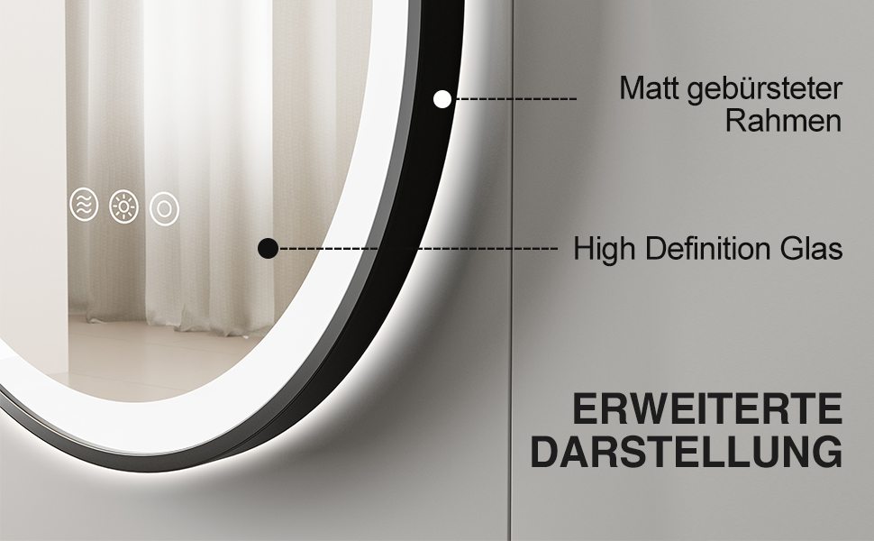 Круглий LED-дзеркало для ванної кімнати ChillCruiser 50 см з чорною рамою, антизапар, 3 кольори, 500 мм