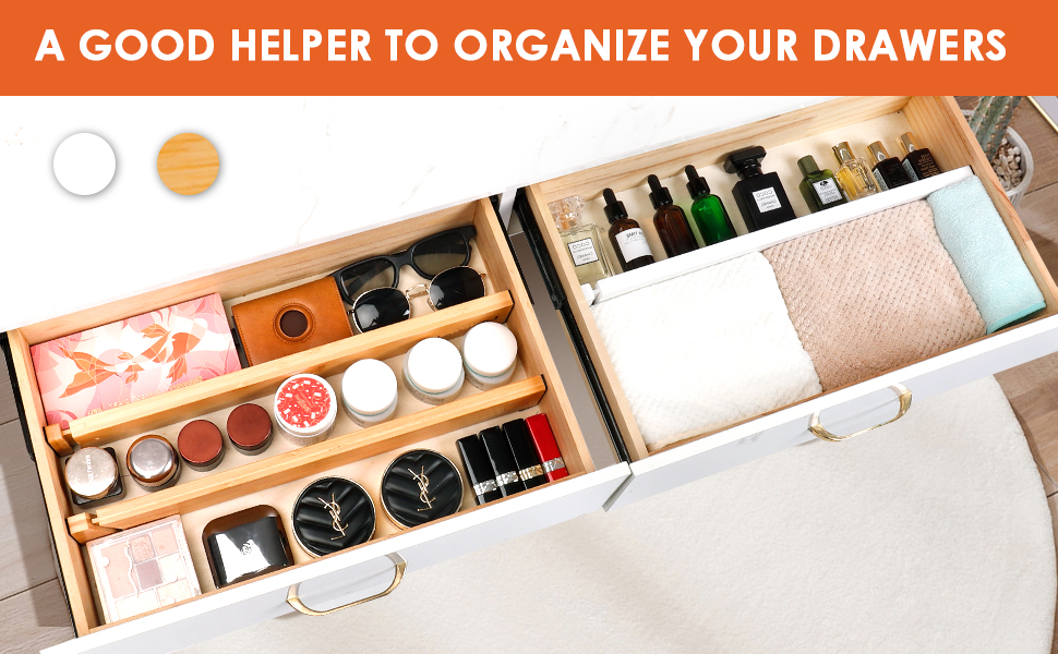 Органайзери для шухляд MUUKAIII (6 шт.) - бамбукові роздільники для шухляд, 43-56 см, 6 см висота, для кухні та шафи - білий