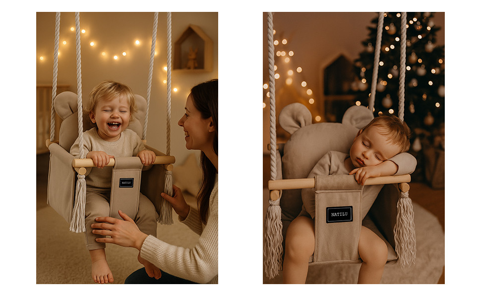 Дитяча гойдалка для дому та вулиці | Bär Light Beige Velvet | Гойдалка для малюків | Дерев'яна гойдалка для дітей | Гойдалка для дверного отвору