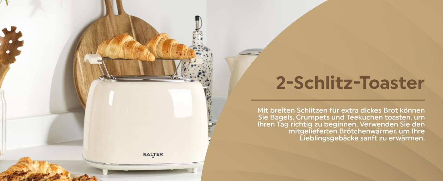 Тостер Salter Retro Creme на 2 тости - 7 режимів підсмажування, розморожування, підігрів, зупинка, підйом тостів, знімний піддон для крихт, автоматичне центрування, тримач для булочок, захист від застрягання, 930 Вт