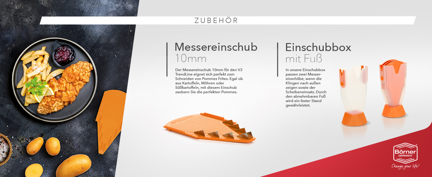 Набір Börner Gemüsehobel V3: V-овочерізалка для 5 видів нарізки, з нержавіючою сталею, з тримачем для фруктів, оранжевого кольору