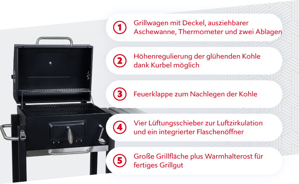 Гриль-возок на дровах BBQ з кришкою, полицею та регульованою дверцею для вугілля, термометром та регулюванням висоти