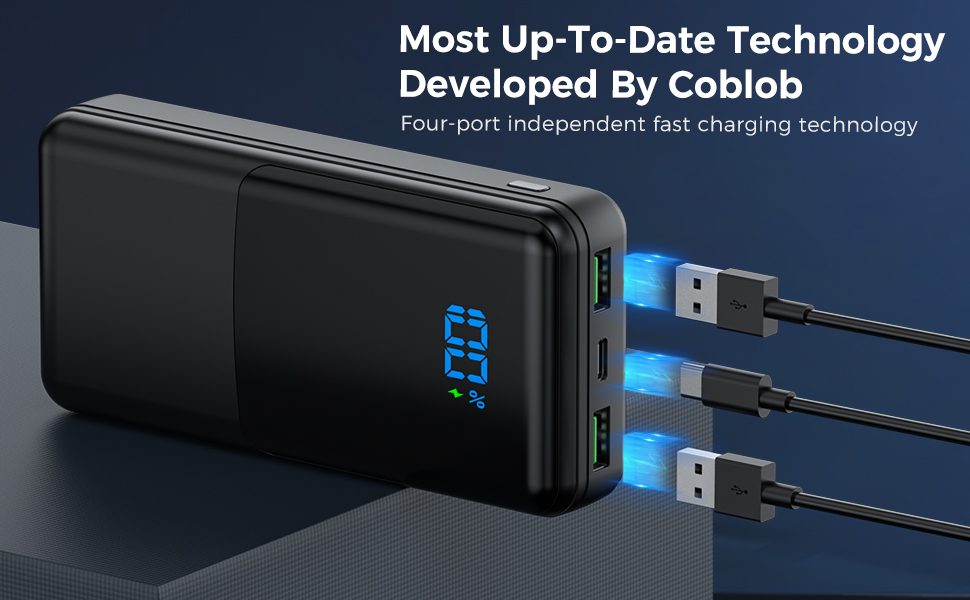 Повербанк Coblob 27000 мАг, швидка зарядка USB C 30 Вт, LED-дисплей, 3 виходи, 2 входи, чорний