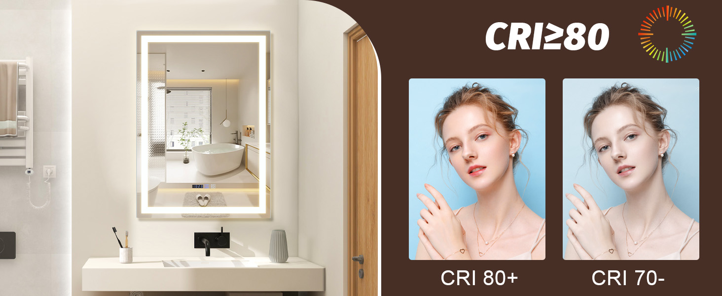 Дзеркало для ванної кімнати Mursche з підсвічуванням LED, 50x70 см, IP44, сенсорний вимикач, годинник, протитуманна функція, регулювання яскравості, 3000K-6500K, прямокутна форма