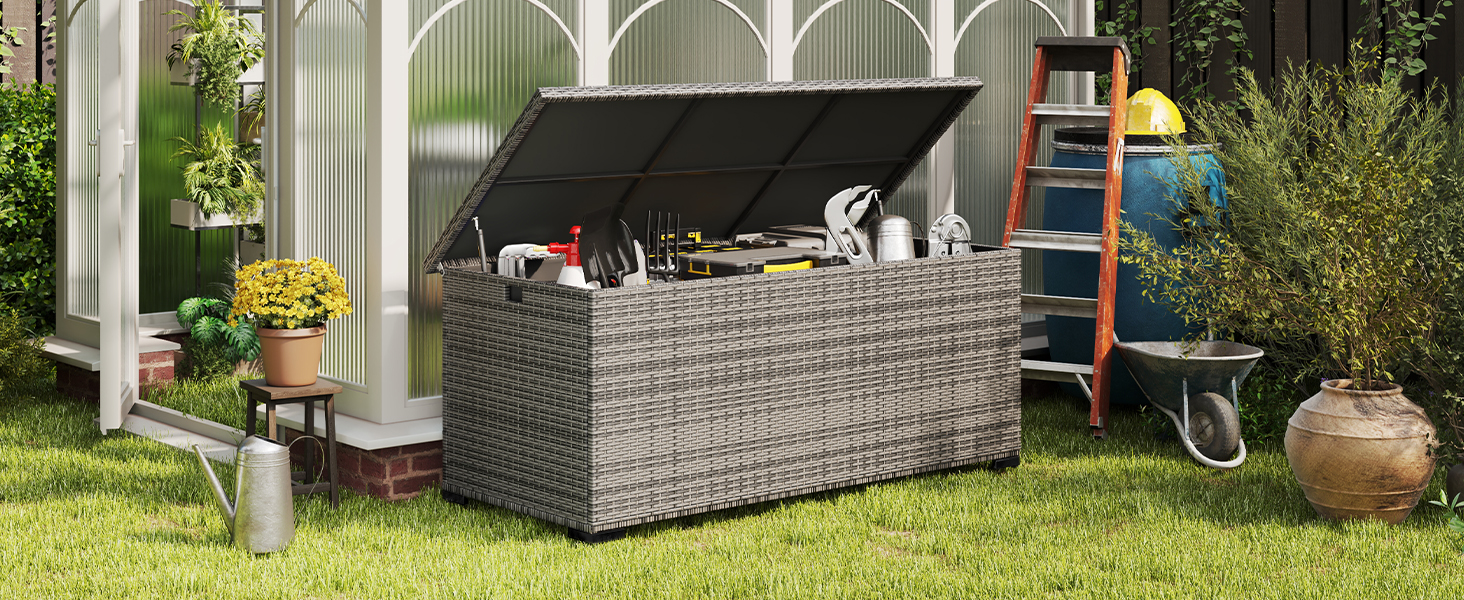 Водонепроникний садовий ящик Amopatio Gartenbox 650л з поліротангу, сірий. Ящик для подушок, металева коробка для зберігання з газліфтами для саду, балкону