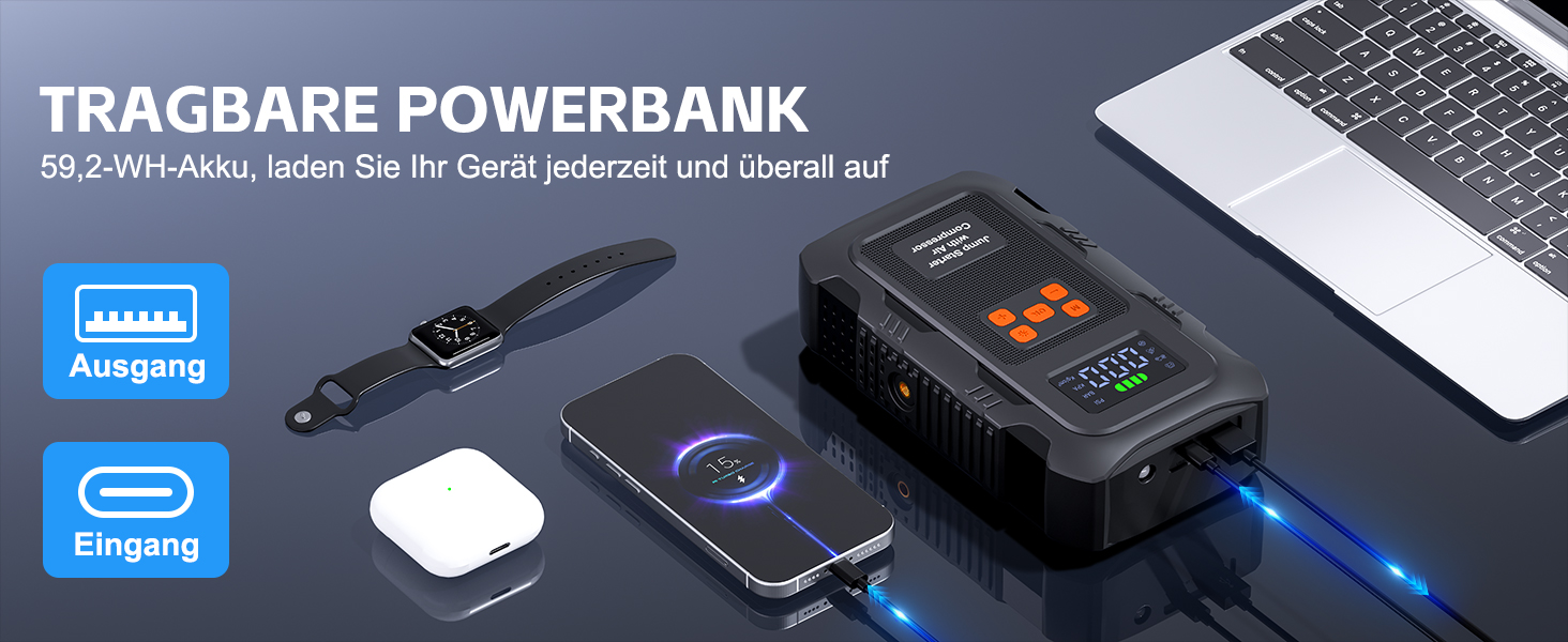 Пусковий інвертор Povasee 6000A з компресором 150 PSI та Powerbank, бустер для авто 12V з електричним насосом та ліхтариком (Помаранчевий/Чорний)