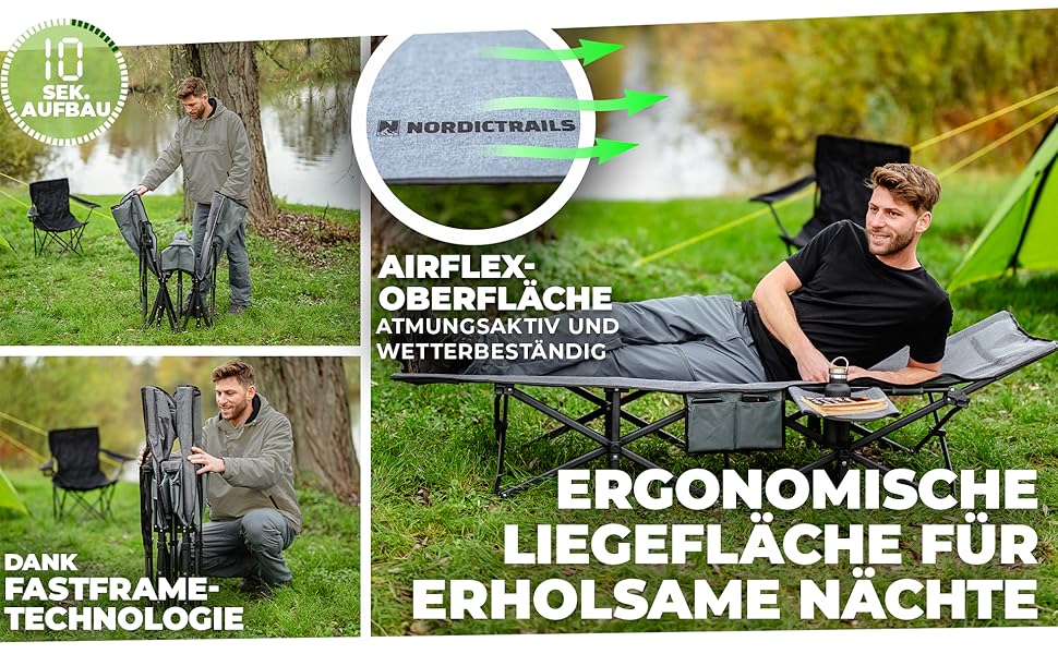 Розкладне кемпінгове ліжко NORDICTRAILS XXL з м'яким матрацом, сіре (190 x 70 см) — зручне похідне ліжко для відпочинку, риболовлі та гостей