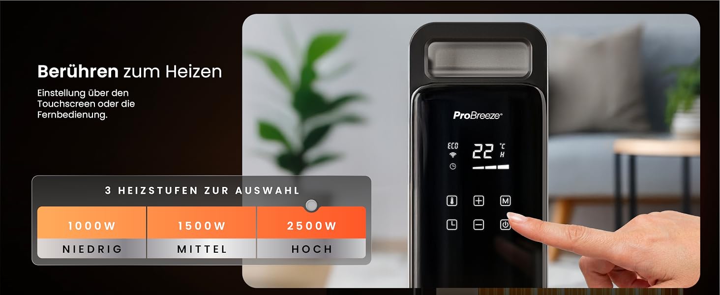 Розумний електричний масляний радіатор Pro Breeze 2500Вт, 11 секцій, з керуванням через Wi-Fi (Smart App), термостатом, таймером на 24г та сенсорним дисплеєм, сріблястий