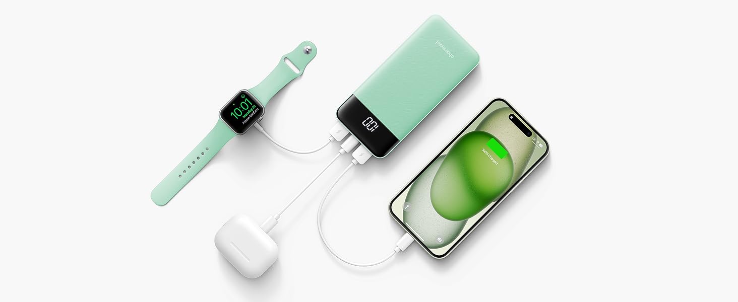 Дисплей, сумісний з iPhone, Samsung, Huawei (зелений), 10400mAh USB C, LED-